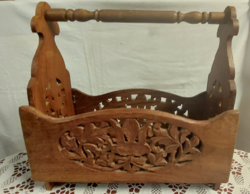 Régi indiai kézzel faragott fa ,rózsafa? újságtartó , minden oldalán faragás