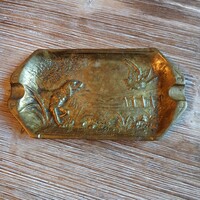 Masszív antik réz vadászos hamutál/hamutartó (17x9,1 cm)