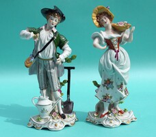 Antik német Sitzendorf porcelán barokk rokokó figura páros kertész férfi és hölgy Meissen stílusú
