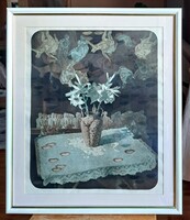 Béla Tassy: Ikebana - a special colorful graphic! in white frame (table, Japanese flower arrangement)