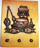 Régi képcsarnokos RÉZ /FAROST előszoba falidísz kulcstartó fogas ÖREG HALÁSZ 14X11 cm képek szerint