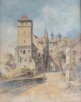 Nürnberg óváros. XIX-ik század, jelzett akvarell festmény.