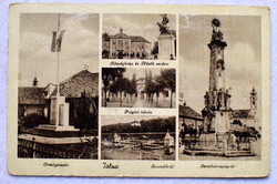 Tolna -régi mozaik képeslap / Országzászló , strand, polgári iskola, Községháza, Szentháromság-tér