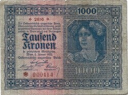 1000 korona kronen 1922 Ausztria Magyarország 4. alacsony sorszám "000414"