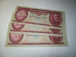 3 db sor követő. Ritka. 100 forint 1968 évjáratú. Kiss aláírás. B790. Kép szerint.