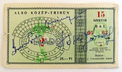 Aranycsapat  mérkőzés dedikált eredeti belépője Grosics, Buzánszky, Tóth II által.  labda, Puskás