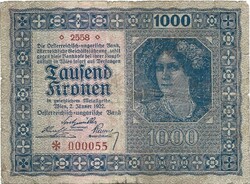 1000 korona kronen 1922 Ausztria Magyarország 5. nagyon alacsony sorszám "000055"
