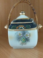 Kínai kézi festésű porcelán , teafű tartó, cukortartó fonott fülű