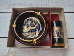 Kézzel festett, 24 k aranyozású hamutartó+öngyújtótartó szett