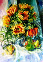 Sunflowers and fruits  - oil painting / Napraforgók gyümölcsökkel - olajfestmény