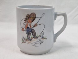 Ritka Drasche Budapest jelzett horgászó kisfiús porcelán bögre szép állapotban 8,5 cm. magas