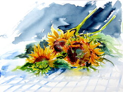 Sunflowers n the table -  watercolor painting -Napraforgók az asztalon -akvarell festmény