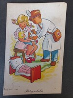 Régi rajzos grafikus képeslap - Beteg a baba - Macskássy János