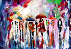 Rain, people  and umbrellas- acrylic painting / Eső, emberek és esernyők- akril festmény