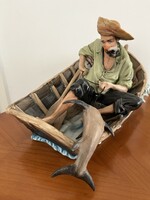 Nagyméretű Emil Cretu biszkvit porcelán halász figurális szobor