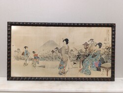 Antik Japán fametszet 3 darab gésa életkép Fujiyama motívum keretben 338 5403
