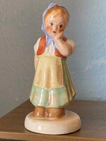 KÉK KENDŐS, KÖTÉNYES PARASZT LÁNYKA KISLÁNY FÉNYES MÁZÚ KERÁMIA SZOBOR