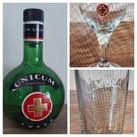 1 db zöld Unikumos üveg palack + 1 db talpas Unikumos üveg pohár+ 1 db Jim Beam magas whiskys pohár
