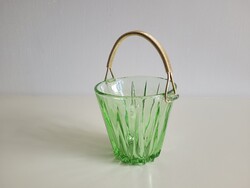 Régi retro vastagfalú zöld üveg jégvödör jégkockatartó arany színű fogantyús mid century
