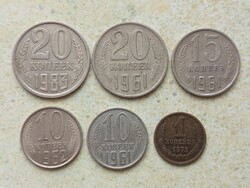 Szovjetunió 6 db Különböző Érme 1,10,15,20 Kopek Kopejka 1961-1983
