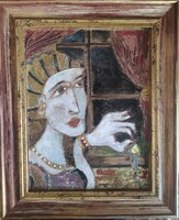 Tóth Ágnes (1950-): Gyertyát eloltó nő, festett kerámiakép 21x29cm, hátoldalt jelzett