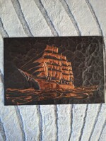 Középkori tengerjáró vitorlás rézműves falikép nagyobb méretű