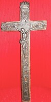 ANTIK LEGALÁBB 200 ÉVES SZABAD KŐMŰVES kereszt -fa kereszt ón dombormű - 25 x 10 cm a képek szerint