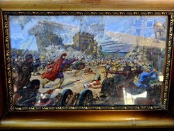 Antik akvarell Történelmi csatajelenet!