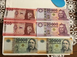 Set of 6 Serial Number Tracking Hungarian Banknotes 20,000Ft, 10,000Ft, 500Ft