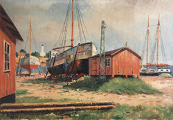 Arup Jensen (1909-1956) - Kikötői Jelenet 102x73cm Koppenhága | Dánia South Funen Dán Halászfalu