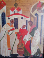 Keresztelő. Eredeti orosz olajfestmény.