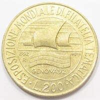 Olaszország,200 lire 1992 - Genovai filatéliai kiállítás aUNC+ ötvözet