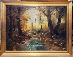 Erdő patakkal gyönyörű jelzett olajfestmény