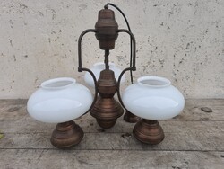 Réz csillár 3 üveg burával – vintage stílus, 50 cm magas