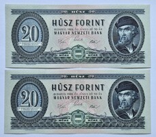 2 x 20 Forint 1969, EF+-AUNC sorszámkövető pár.