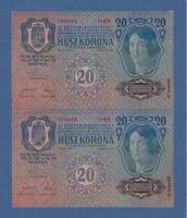 20 Korona 1913 II. Kiadás Deutschösterreich bélyegzés UNC 2 db sorszámkövető Páros