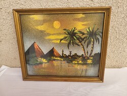 Art Deco Silk Wall Hanging Gilded, Glazed Wooden Frame_Pyramids