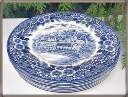 Ritka, Churchill, Austrian Castles, angol fajansz, kék mintás, nagyméretű lapostányér készlet