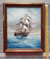 Vitorlás a tengeren - klasszikus olajkép keretben, szignózott