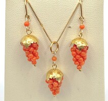 Genuine Mediterranean Sardinian Coral 18k 925 Silver Earrings Pendant Necklace Set