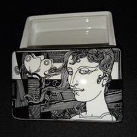 Hollóházi Szász Endre porcelán bonbonier, ékszertartó 21k aranyozással, nagyobb méret