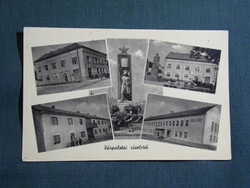 Képeslap,Várpalota,vár utca,népbolt,emlékmű,tanácsháza,iskola,utca látkép,részlet,1956-