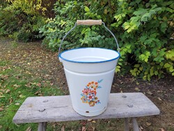 Régi virágmintás 6 literes zománcos vödör vintage zománcozott virágos kanna Bonyhád vizesvödör