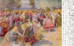 Képeslap: Pálya Célestin festmény, Vásári jelenet.