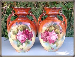 Rózsa mintás, osztrák szecessziós porcelán kandalló váza pár