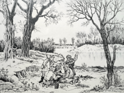 Gácsi Mihály: Vadvacsora (szignózott rézkarc) vadászat témájú jelenet