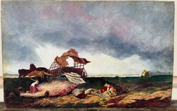 Viharos tájban ábrázolt emberek és állatokat