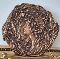 Szecessziós Art Nouveau stílusú bronzírozott fém dombormű