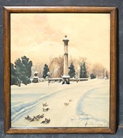 Városliget télen (keretezett festmény) d. Dobay Endre - havas parkrészlet madarakkal, Budapest