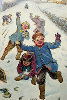 Antik dombornyomott Újévi litho képeslap - arany csizmában hógolyózó gyerekek  1906